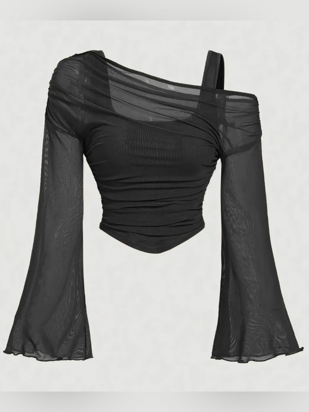 NWOT Black Off-Shoulder Ruched Mesh Bell Sleeve Crop Top 🖤